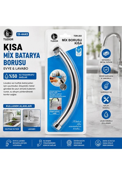 Tudor Tdr-283 Kuğu Kısa Mix Batarya Borusu - Evye Ve Lavabo, Krom Kaplama, Süzgeçli Uç, Vakumlu