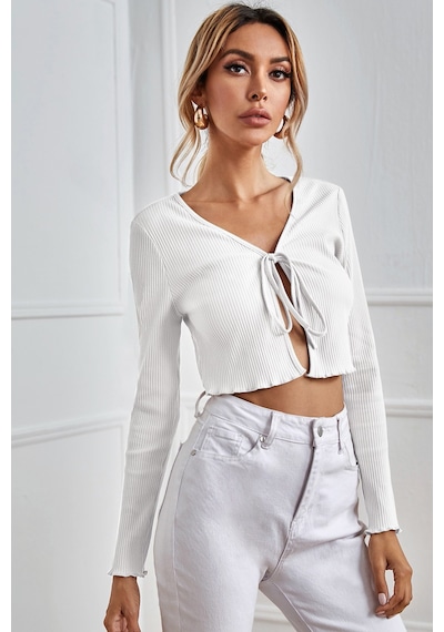 Fantezia Night Kadın Beyaz Uzun Kollu Önden Bağlama Detaylı Crop Top Bluz