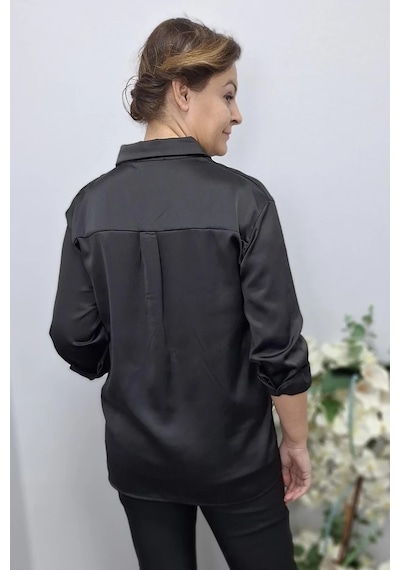 Mia Butik Kadın Siyah Saten Gömlek Siyah