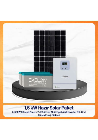 1.6 Kw Hazır Solar Paket 2x600w Bifacial Panel + 150ah Jel Akü + Mppt Akıllı Inverter Off-grid Güneş Enerji Sistemi