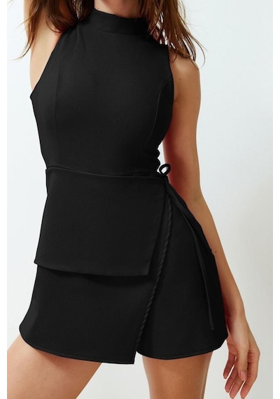 Ersefa Kadın Moda Standart Kol Geniş Paça Dik Yaka Kısa Bağlama Detaylı Siyah
