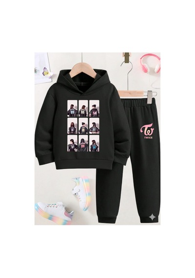 Stil X Twıce Baskılı Sweatshırt Takım / K Pop Siyah-2