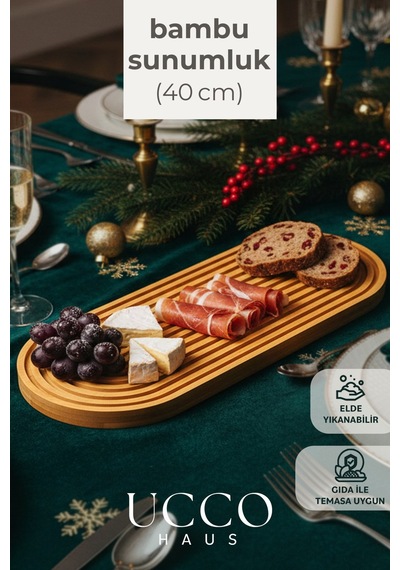 Doğal Bambu Sunumluk - 40x16x1,5cm Kahve, Tatlı & Peynir Sunumluk Oval Oluklu Servis Tabağı