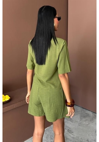 Moderie Butik Gömlek Şort Etek Viscon Keten Takım 10162 Haki