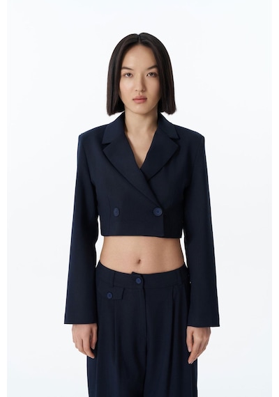 Quzu 24k51287 Tek Düğmeli Kadın Crop Ceket Lacivert