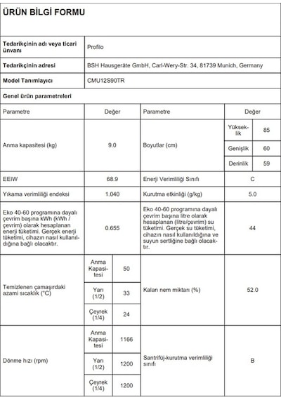 Profilo CMU12S90TR 1200 Devir 9 KG Çamaşır Makinesi