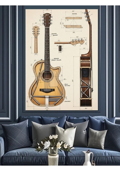Eski İki Klasik Gitar Eskizi Dekoratif Kanvas - Mdf Ahşap Tablo