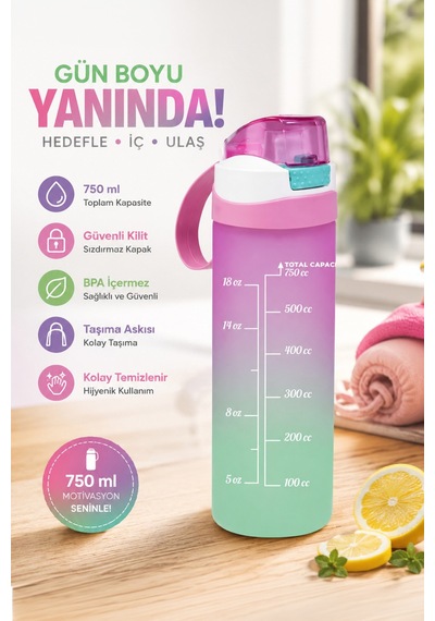 Herevin 161670-161 Su Şişesi - Motivasyon Su Matarası Pembe 750Cc Pembe