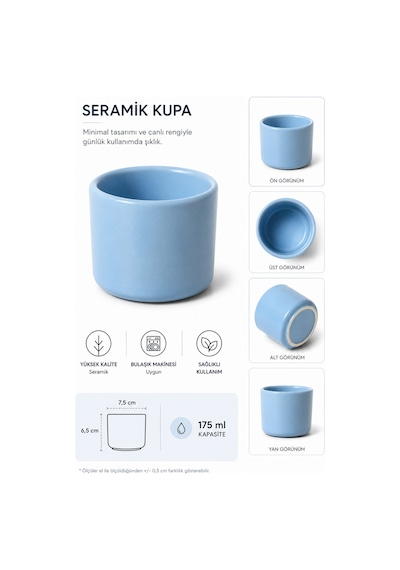 Mavi Seramik Kupa 175 Ml Minimal Kahve Kupası Çay Fincanı Espresso Ve Türk Kahvesi Bardağı Mavi - 902337607 Mavi