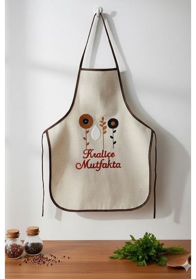 Villadia Home Textile Mutfak Önlüğü Nakış Punch İşlemeli Yemek Pişirme Önlüğü Mutfak Şefi Önlüğü Krem2