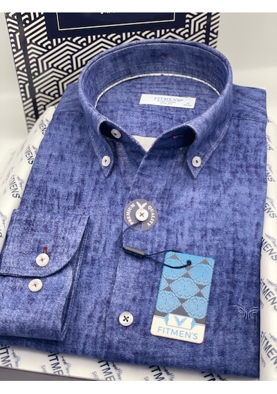 Slim Fit Uzun Kol Müslin Dijital Baskılı Hediye Kutulu Erkek Gömlek Fs-004599 - Lacivert-3362