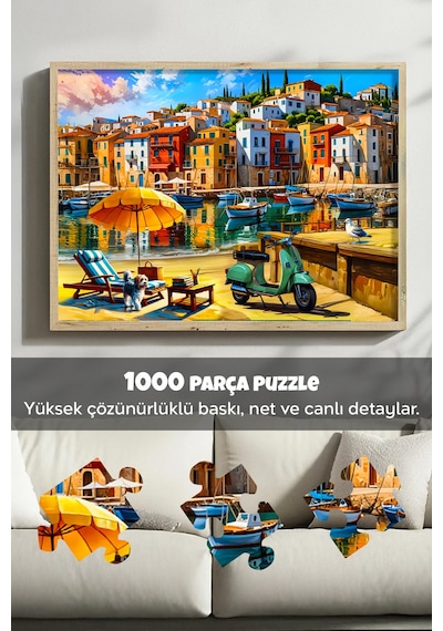 1000 Parça Seaside Town Puzzle - Kasabada Sahil Manzarası Sahil Kasabası Yapboz 68x48 Cm