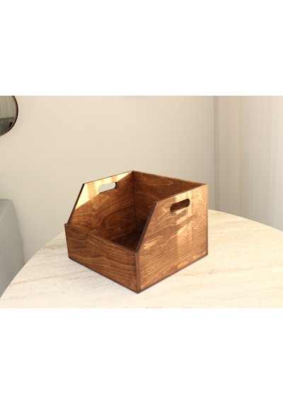 Ahşap Lp Plak Sandığı - Organizer Kutu Kestane Rengi - Wooden Lp Record Box Koyu Kırmızı