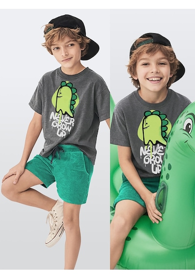 Erkek Çocuk Takım Dinozor Baskılı T-Shirt Havlu Şort İkili Takım Yazlık 4-8 Yaş