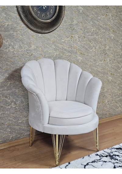 Zafir Tekli İstiridye Gold Kaplama Telli Ayak Çay Seti Koltuk Tekli Berjer , Balkon, Salon, Ofis Krem