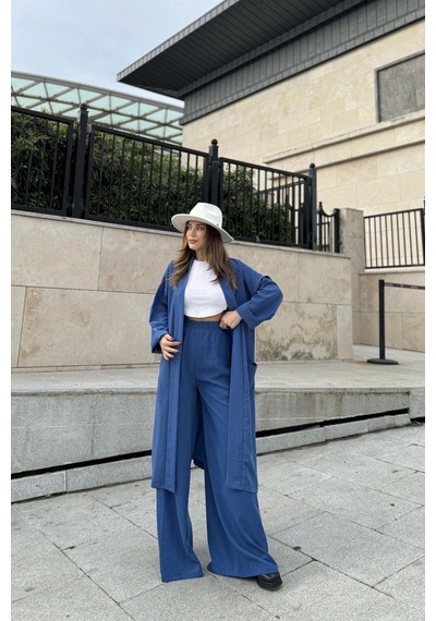 WeShaya Kadın İndigo Çift Cepli Uzun Kimono & Bol Paça Pantolon - Salaş Alt & Üst Takım Indigo
