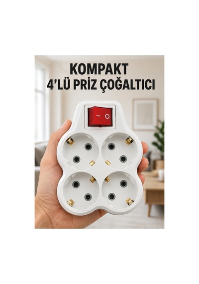 Kompakt 4 Lü Priz Çoklayıcı Anahtarlı Ev Ofis Priz Çoğaltma Adaptörü