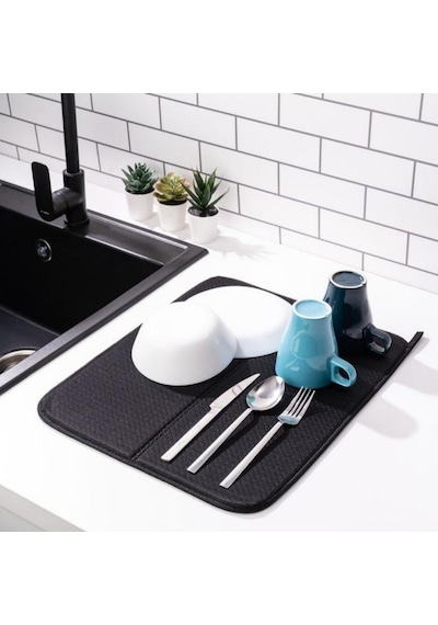 Mikrotex Bulaşık Matı Süper Emici Bulaşık Kurutma Matı 45x36cm Tezgah Üstü Bulaşık Matı Siyah