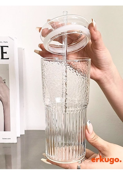 Borosilikat Sunum Bardağı Kapaklı Pipetli Bardak Kahve Bardağı Isı Dayanıklı 600 ML Macchiato