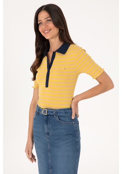 U.S. Polo Assn. Kadın Koyu Sarı Çizgili Polo Yaka Tişört 50306031-VR094