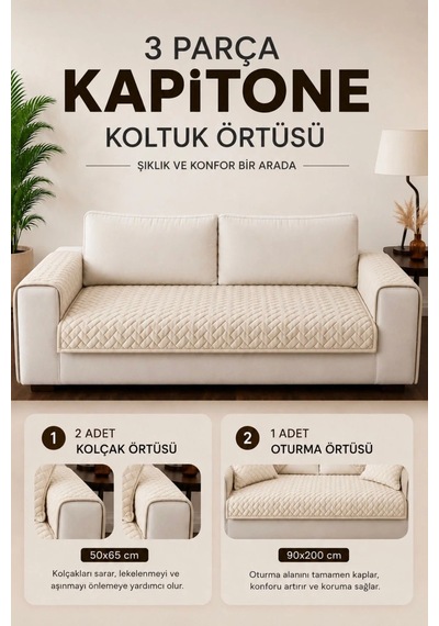 3 Parça Kaymaz Taban Kapitone 3'lü Koltuk Örtüsü Çekyat Kanepe Seti 90x200 Krem Krem
