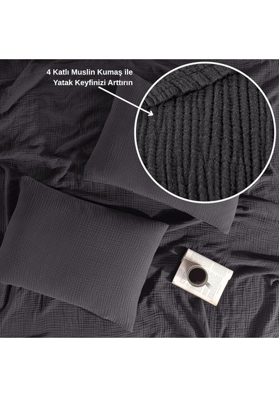 Rayme Tekstıl Müslin Yatak Örtüsü Seti Çift Kişilik, Şık Düz Renk 100% Pamuk 4 Kat Muslin Yastık Kılıflı Pike Takımı, Denizli Üretimi Antrasit, Çift Kişilik Set 230x250 Cm Sku: Smg8690010180360 Açık Gri