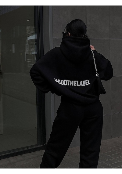 Mood The Label Kışlık Eşofman Takımı - Siyah Baskılı Kapüşonlu Oversize Şardonlu Siyah