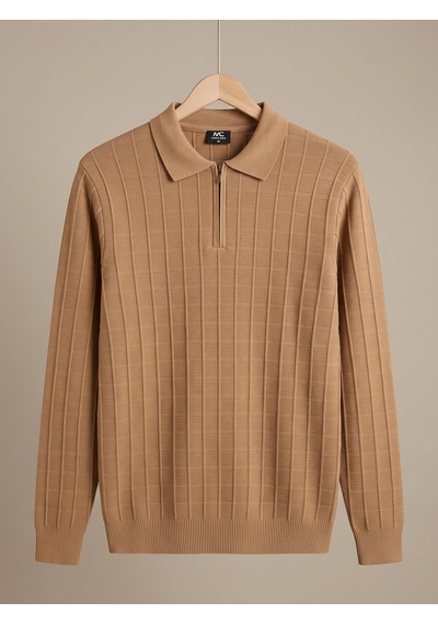 Maccali Erkek Camel Fitil Detaylı Fermuarlı Polo Yaka Triko Sweatshirt