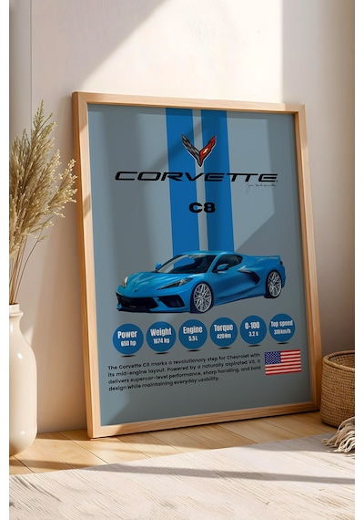 Corvette C8 Araba Tablosu - Teknik Özellikli Otomobil Poster - Çerçeveli Duvar Dekoru Kayın