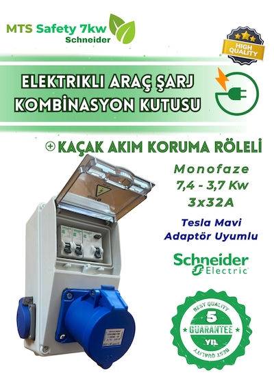 7.4 Kw 3/32 A Schneider Tesla Mavi Adaptör Uyumlu Seyyar Elektrikli Araç Şarj Cihazı İstasyonu Kombinasyon Panosu Kutusu 7kw 7,4 KW