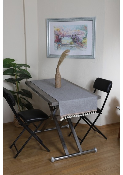 Dnc Home Tekstil Ndchome Keten Gri Antrasit Şeritli Ponpon Runner 150 X 45 Antrasit