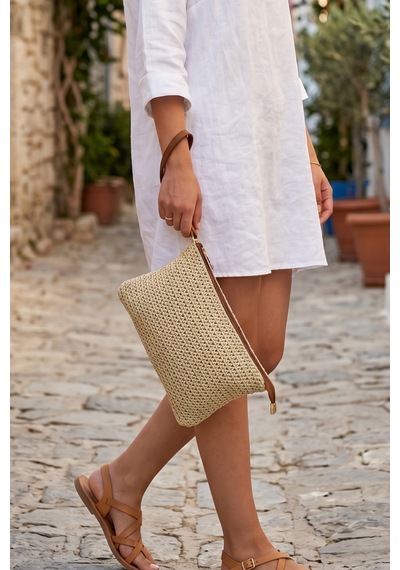 Vivazzaluxe Doğal Hasır Örme Orta Boy Kadın Yazlık Portföy Clutch Çanta Krem