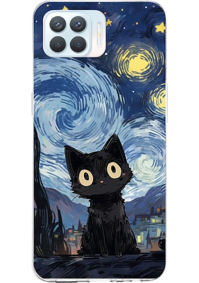 Oppo Reno 4 Lite Uyumlu Gece Yarısı Kedi Tasarımlı Baskılı Silikon Kılıf Renkli