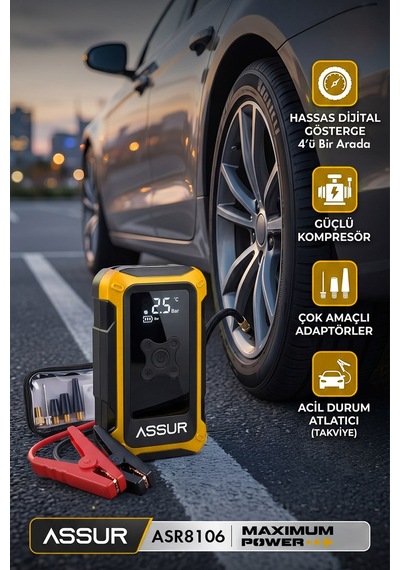 4'ü 1 Arada Dijital Göstergeli Powerbank Led Fener Hava Kompresörü Şarjlı Akü Takviye Cihazı-3274