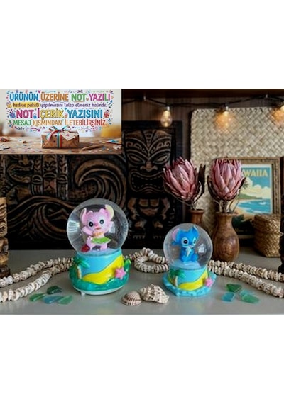 9cm-6cm Işıklı Pembe Ve Mavi Renk Hediyelik-dekoratif 2 Li Stitch Kar Küresi 9x6