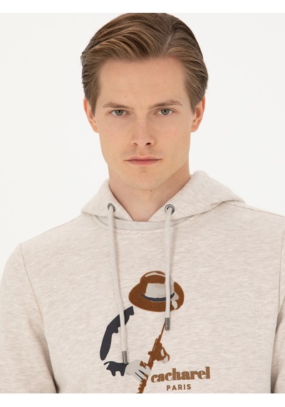 Bej Melanj Regular Fit Pamuk Karışımlı Kapüşonlu Sweatshirt