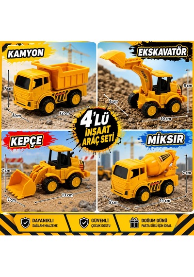 Kamyon Kepçe Dozer Beton Mikseri 4'lü Oyuncak Araba Şantiye Seti