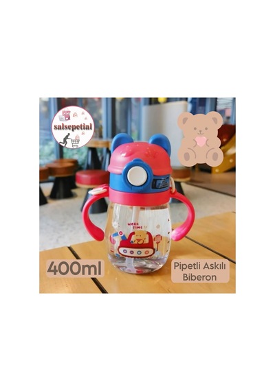 400ml Ayıcık Figürlü Pipeti Suluk Bebek Matara Askılı Sevimli Su Şişesi Bebek Pipetli Biberon Matara Kırmızı