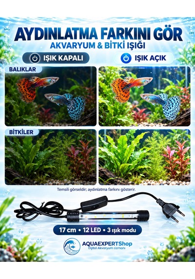Akvaryum Işığı - Balık Işığı - Bitki Işığı - 17 Cm - 12 Led - Tamamen Su İçinde Kullanılabilir - 3 Modlu - 2w - Mükemmel Işık