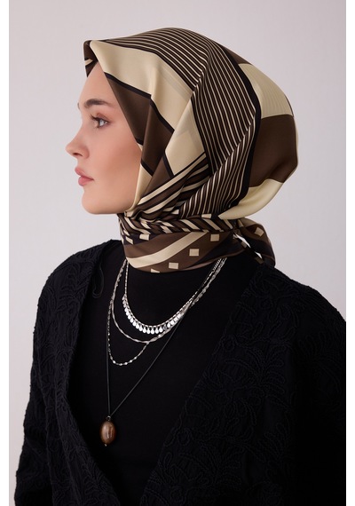Belli Geometrik Desen %100 Twill İpek Eşarp Be01 Kahverengi
