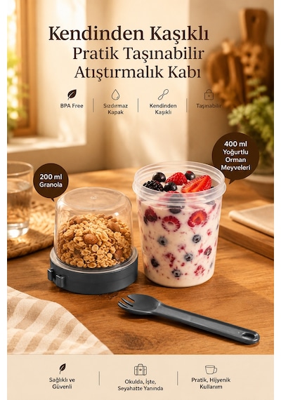 Porsima 5817 Yoğurt Kabı Kendinden Kaşıklı Pratik Taşınabilir Kaşıklı Atıştırmalık Kabı-antrasit 400ml+200ml