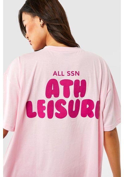 Ath Leisure T-shirt - Pembe Baskılı Oversize Bisiklet Yaka Kısa Kol Tişört Pembe