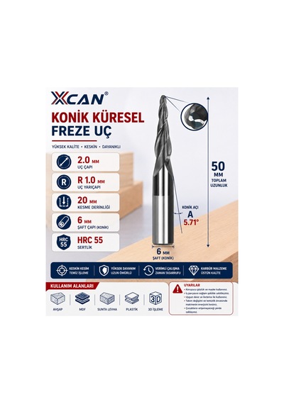 Küresel Konik Cnc Freze Ucu 2 Mm R1 6 Mm Şaft 3d Oyma Ve Gravür