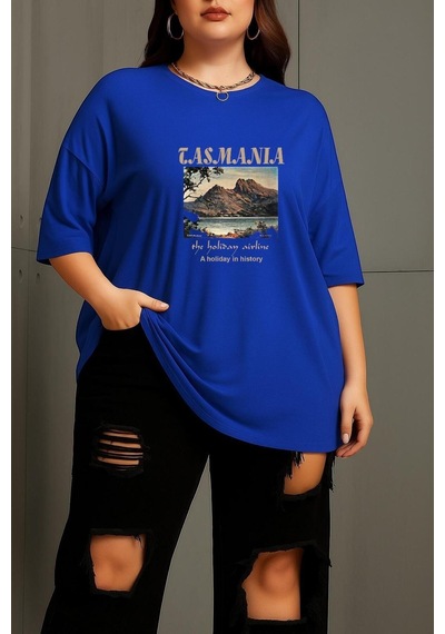 Büyük Beden Tasmania Baskılı Unisex Tişört Saks Mavisi