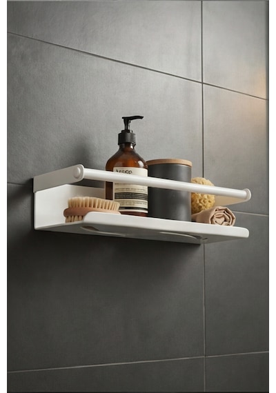 Zift Unique 25cm Paslanmaz Çelik Duş Rafı, Yapışkan Montaj Banyo Rafı,beyaz Mondern Şampuanlık