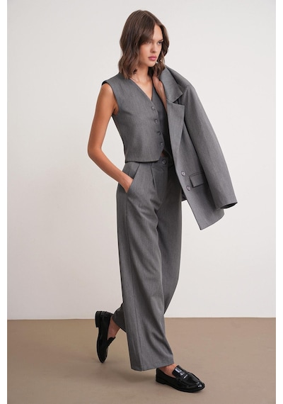 Mixray 4744 Kadın Düğmeli Palazzo Pantolon Antrasit