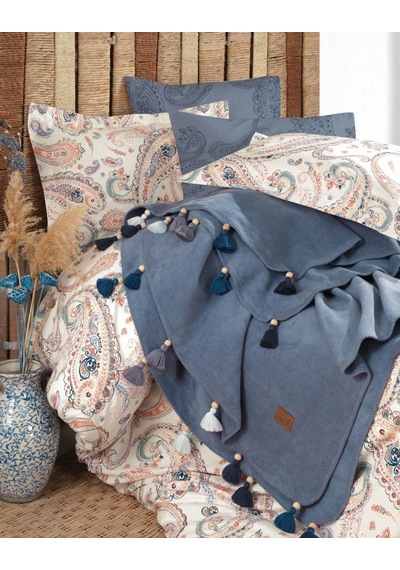 Boho Chic Çift Kişilik Püsküllü Battaniyeli Nevresim Seti - Cobal