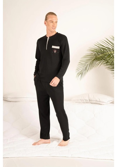Estiva Gd Goldoremi 23403 Erkek Kışlık Yuvarlak Yaka Cepli Pamuklu Pijama Takımı Siyah