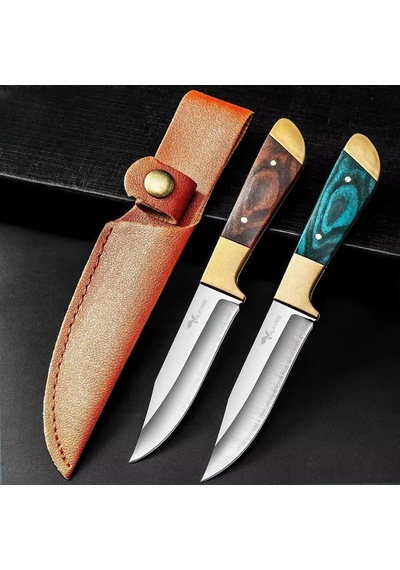 Paslanmaz Çelik Kamp Bıçağı 16 Cm Outdoor Av Bıçağı Deri Kılıflı Kompakt Bıçak Kahve