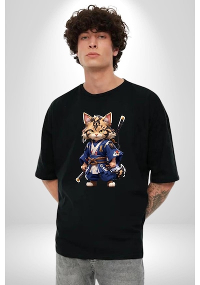 Asyalı Kedi Samuray Savaşcı Pamuklu Bisiklet Yaka Unisex Oversize Boyfriend Dijital Baskılı Siyah T-shirt Siyah